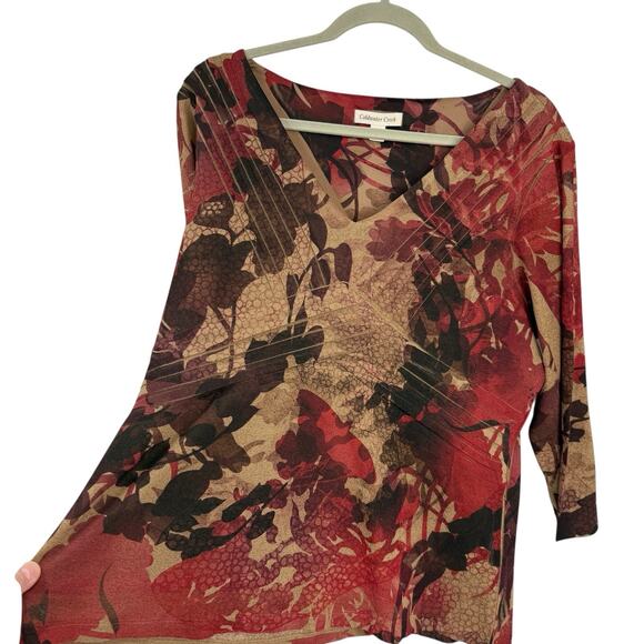 Coldwater Creek Top Large Pleated V Neck Stretch Crepe Autum Color Floral Pullov - Picture 9 of 9